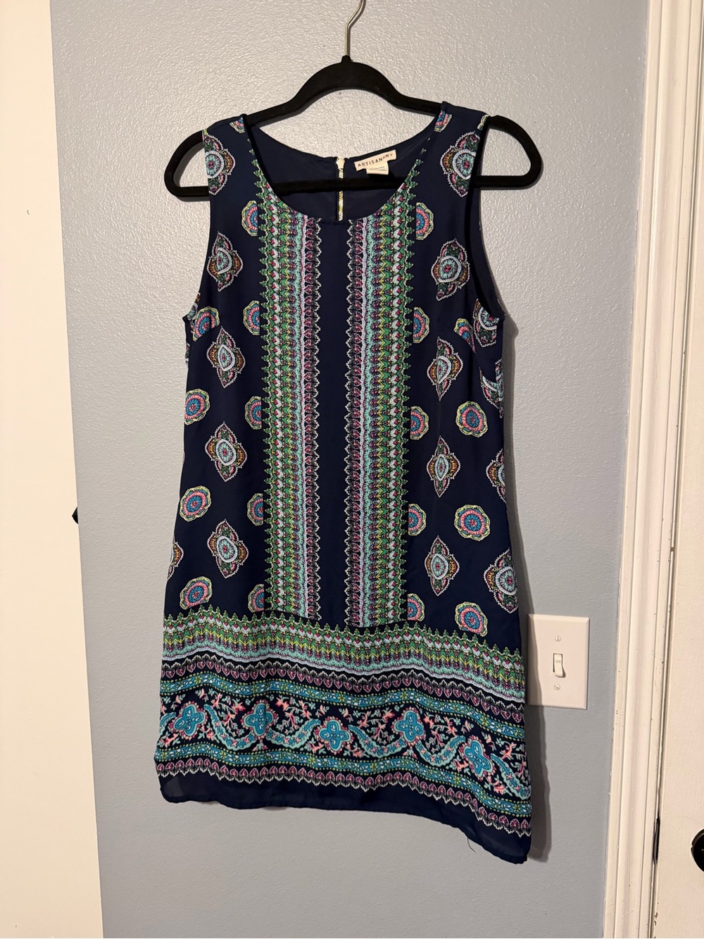 Artisan Navy Dress with Teal, Pink and Green Medallion Print
